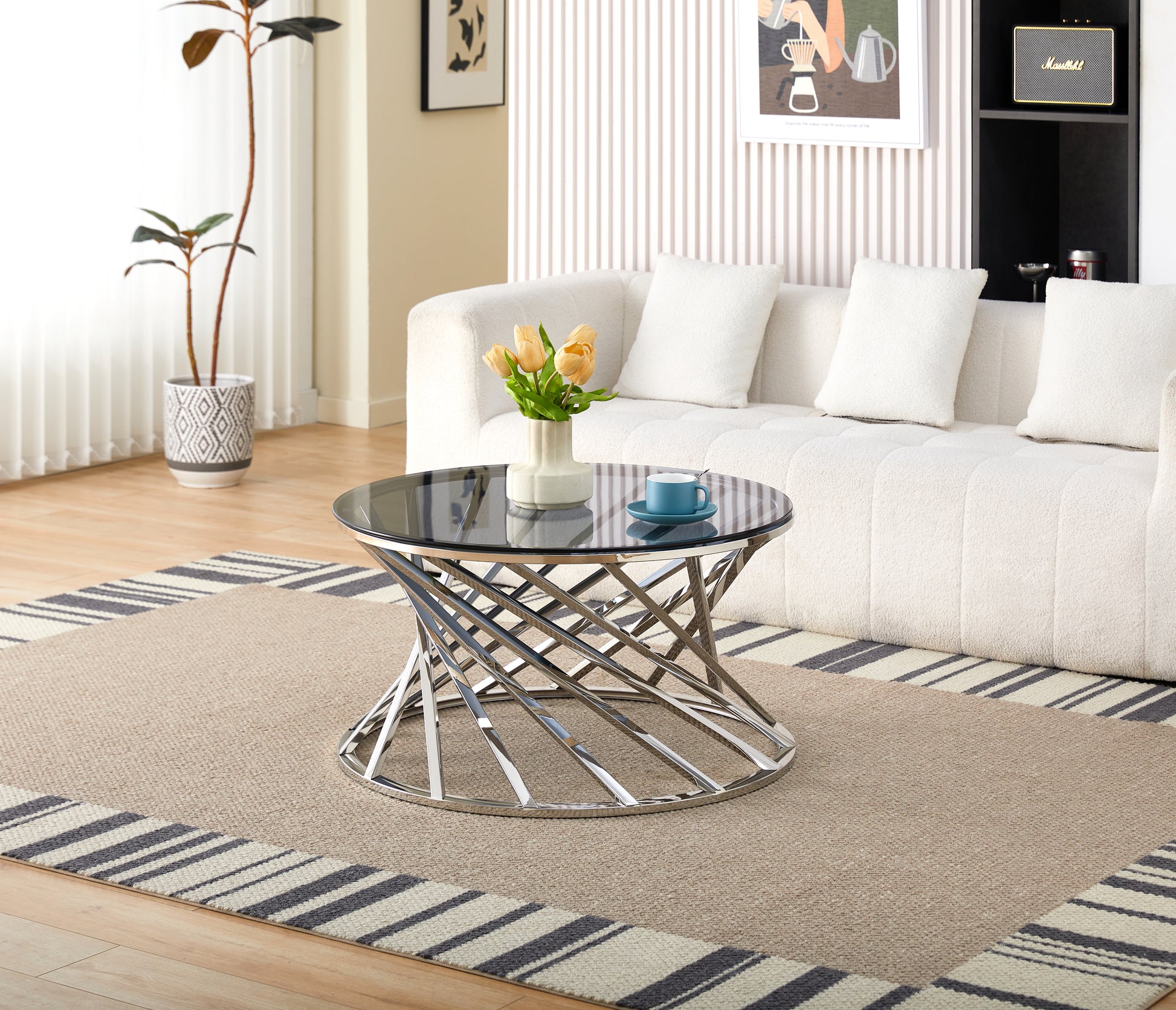 Modern Coffee Table with Blue Crystal Grey Tempered Glass
