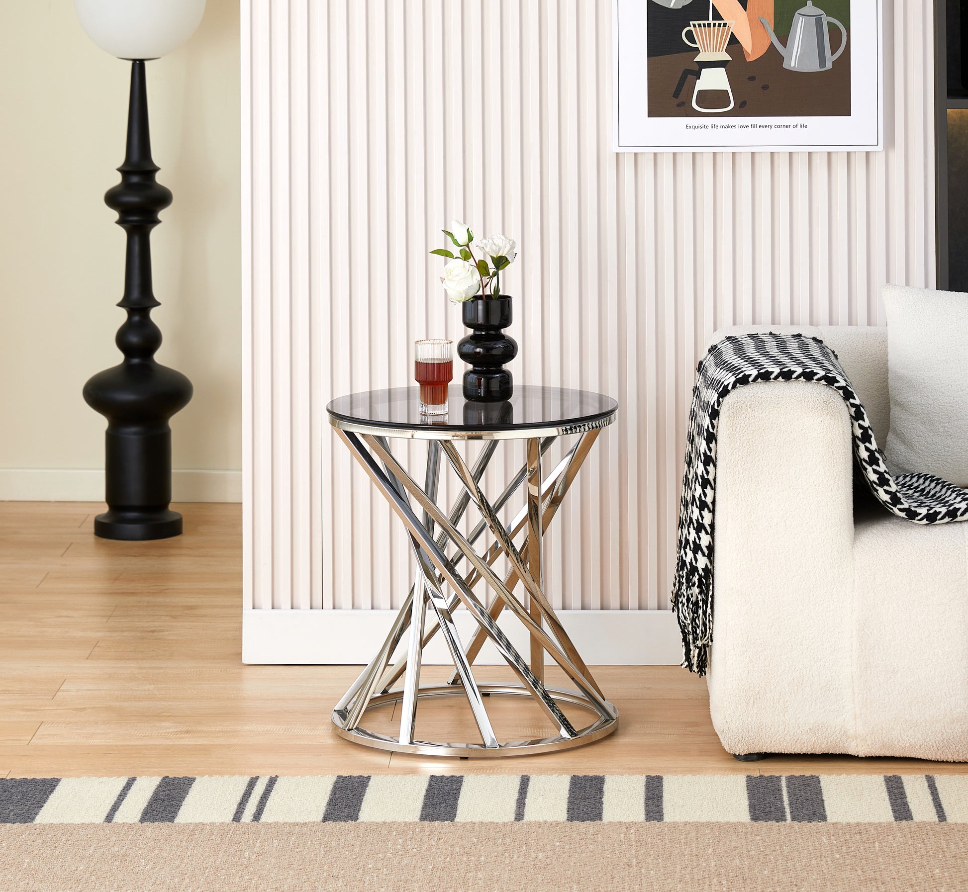 Modern Side Table with Blue Crystal Grey Tempered Glass