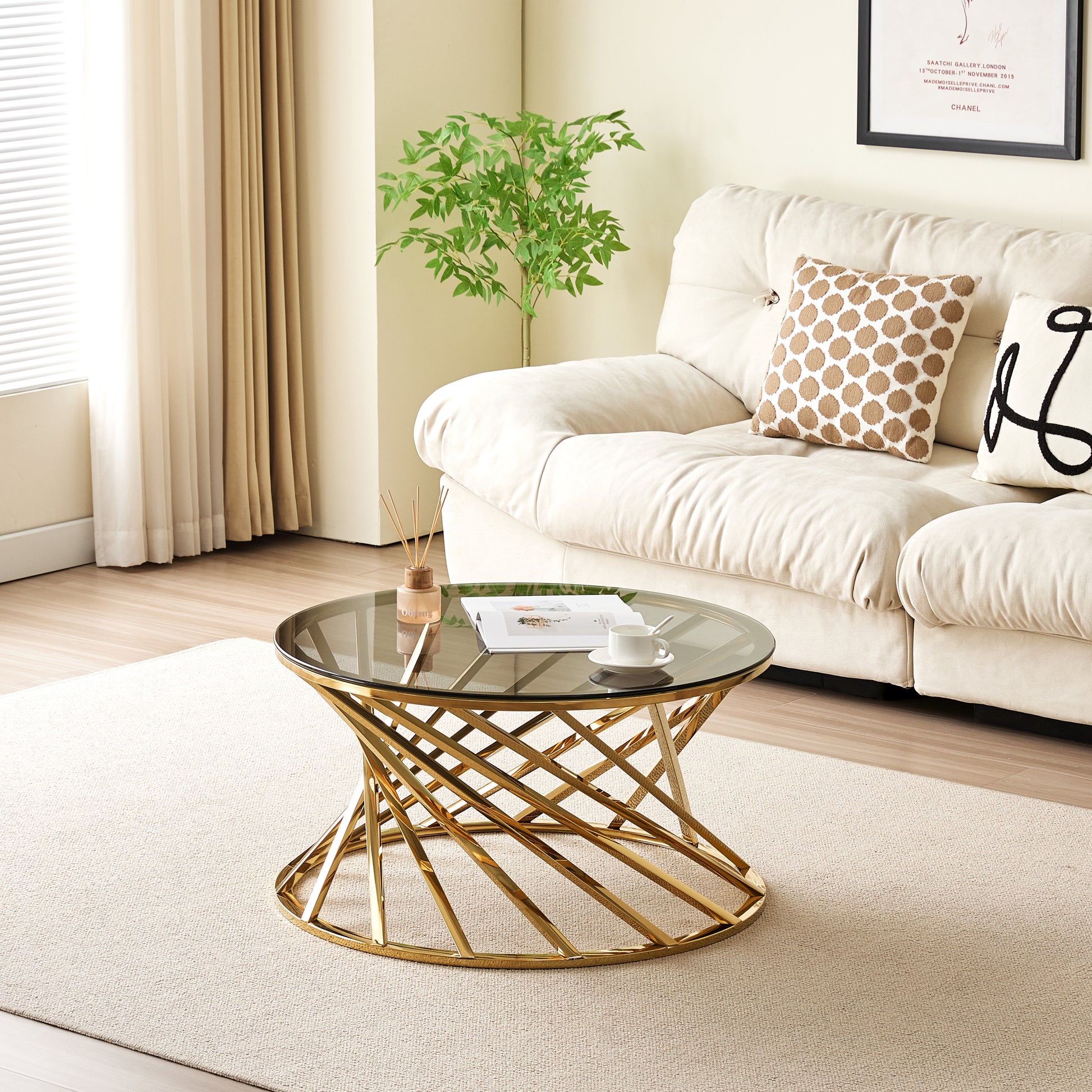 Modern Coffee Table with Blue Crystal Grey Tempered Glass